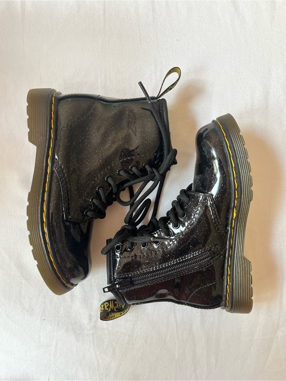 Doc Martens Kids Black & Shimmery Glossy Lace-Up Combat Boots Size 11C